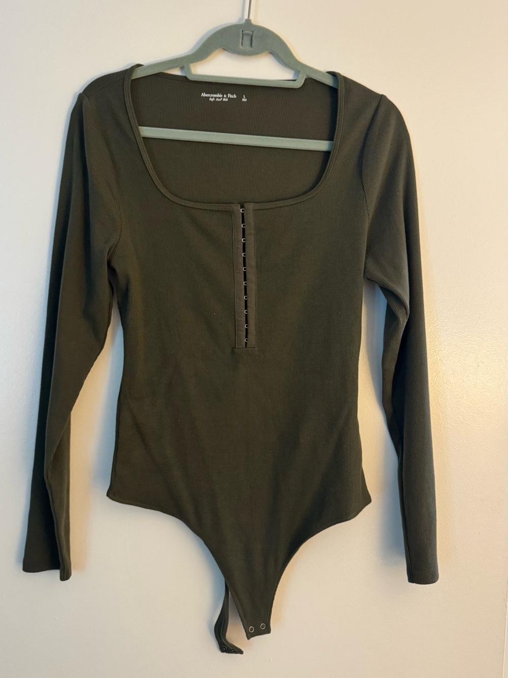 Abercrombie & Fitch Olive Long-Sleeve Ribbed Hook-Front Bodysuit